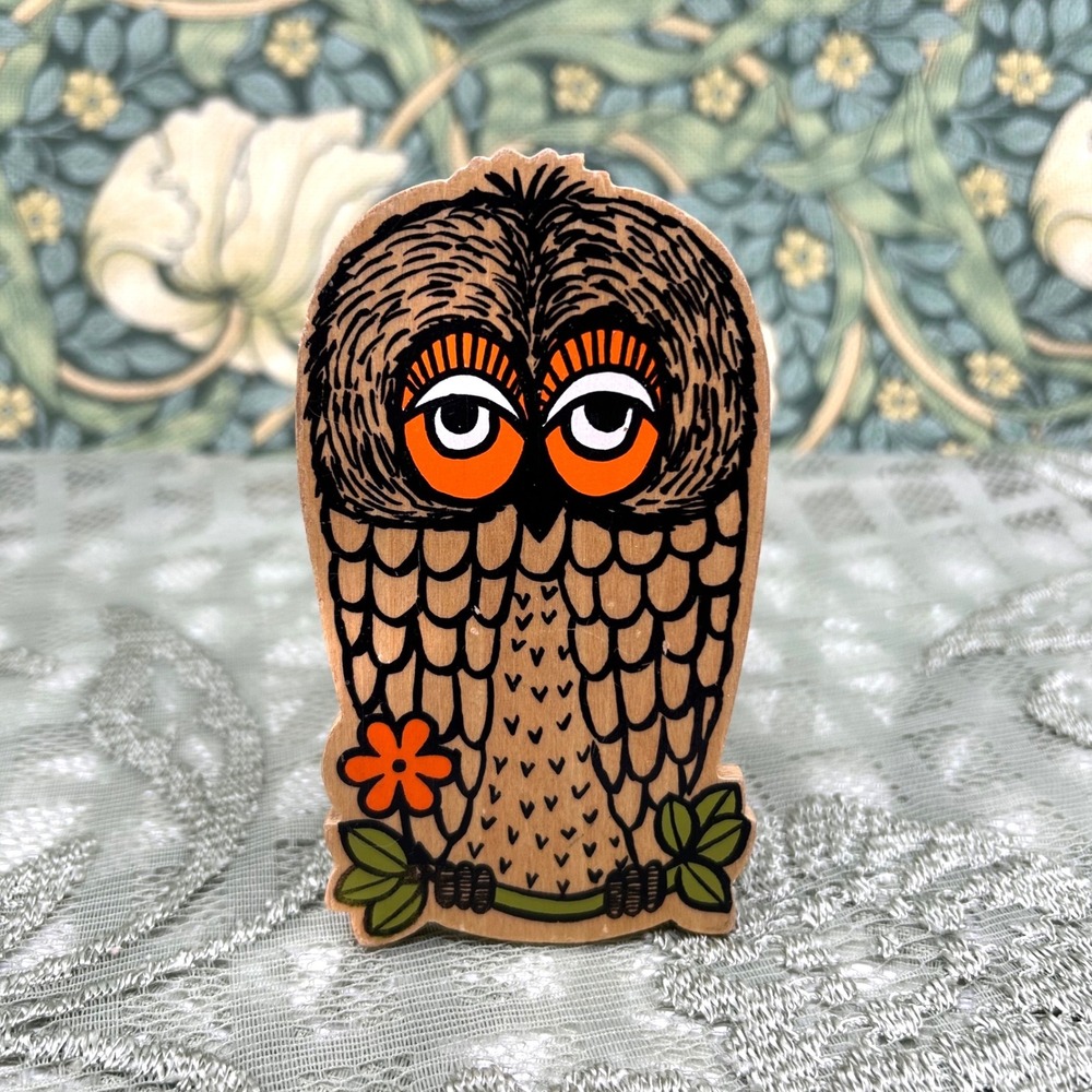 Vintage Groovy Owl 70s Japan Wooden Stapler Collectible Orange Brown Figurine